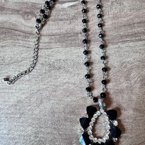 Beaded Pendant Necklace Regency Style Black & Silver tone Rhinestone Goth